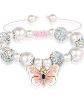 Pink Pearl Butterfly Bracelet Adjustable Sliding Knot (5.2”-9”)